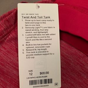 lululemon athletica Tops - Lululemon NWT Twist & Toil tank, size 12 lululemon athletica Tops - Lululemon NWT Twist & Toil tank, size 12